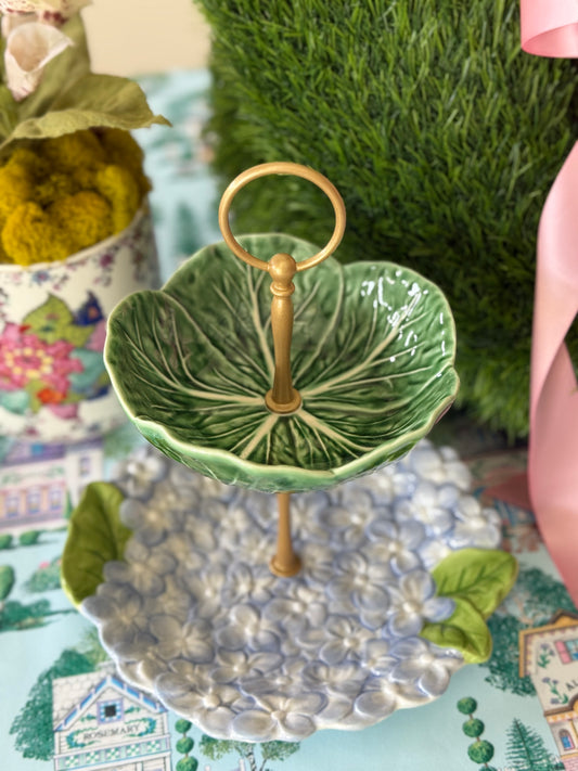 Blue Hydrangea & Green Cabbage Two Tiered Stand
