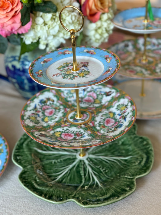 Williams Sonoma Famille Rose and Bordallo Green Cabbage Three Tiered Stand (12” base plate)