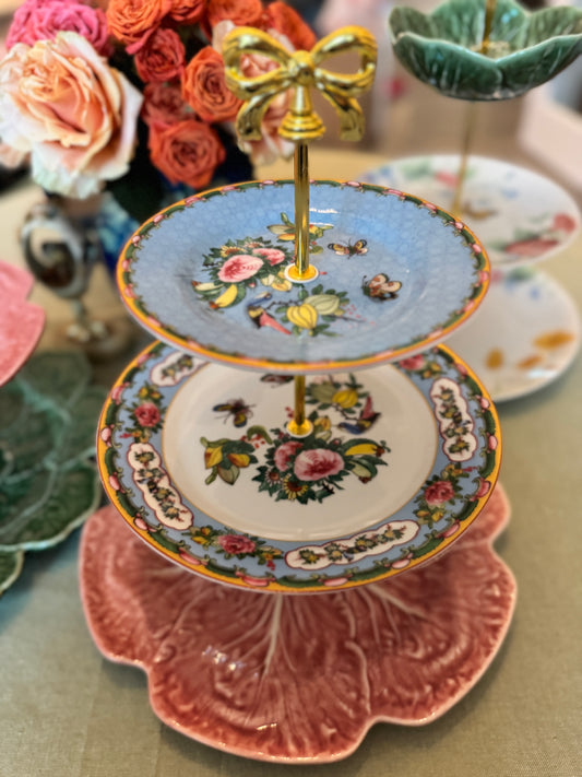 Handcrafted Tiered Stand with Bordallo Pink Cabbage Charger & Williams Sonoma Famille Rose Plates – 3-Tier Serving Tray