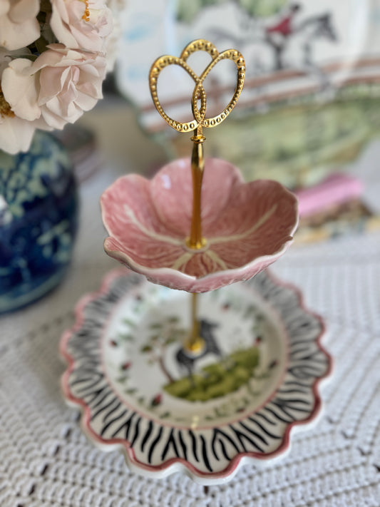Bordallo Pinheiro Pink Cabbage and CE Corey Zebra Two Tiered Stand