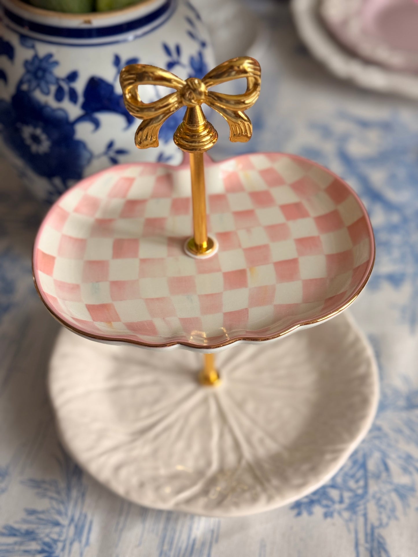 MacKenzie-Childs Pink Check & Bordallo Pinheiro Two-Tier Petite Stand