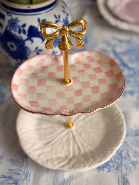 MacKenzie-Childs Pink Check & Bordallo Pinheiro Two-Tier Petite Stand