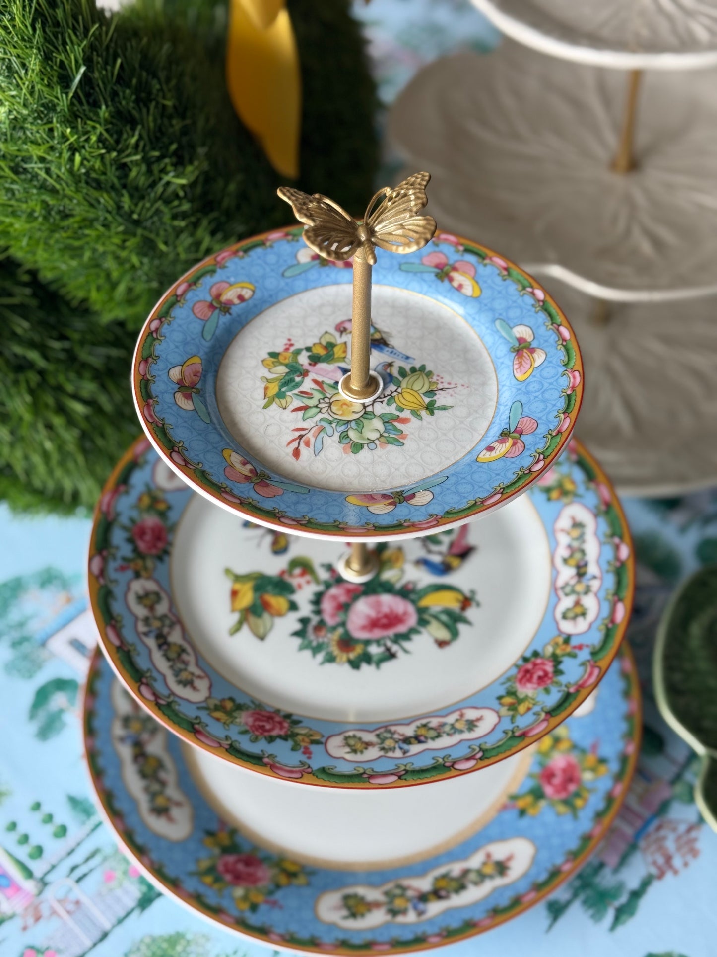 Famille Rose Blue Three Tiered Stand