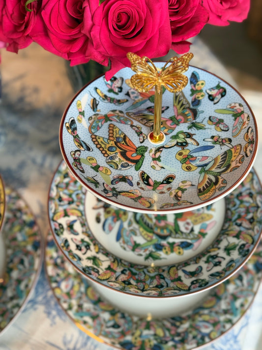 Williams Sonoma Papillon Three-Tiered Stand Inspired by Chinese Export “Thousand Butterflies” Porcelain- Blue