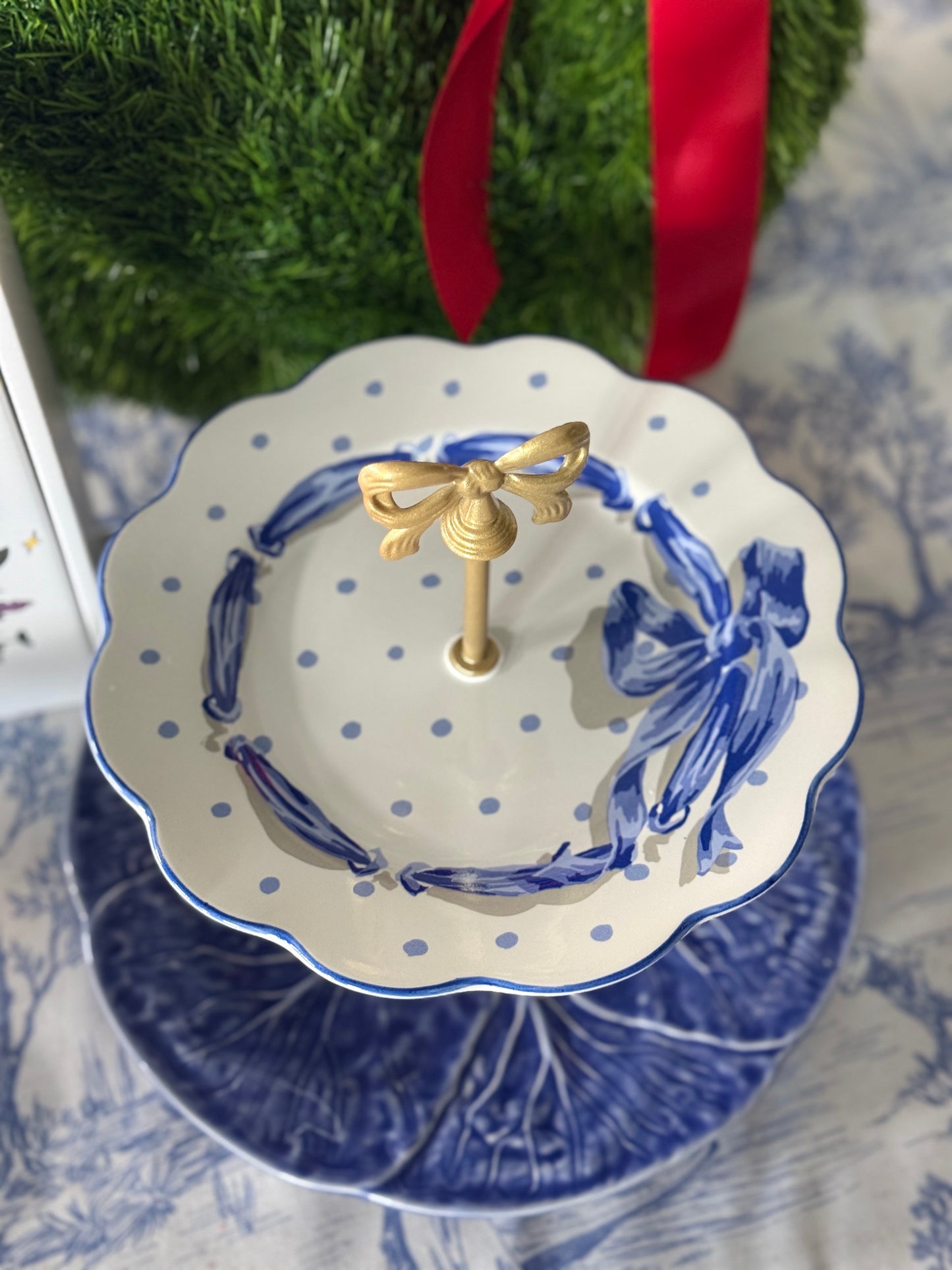 Blue Cabbage and Blue Bow Two Tiered Serving Stand