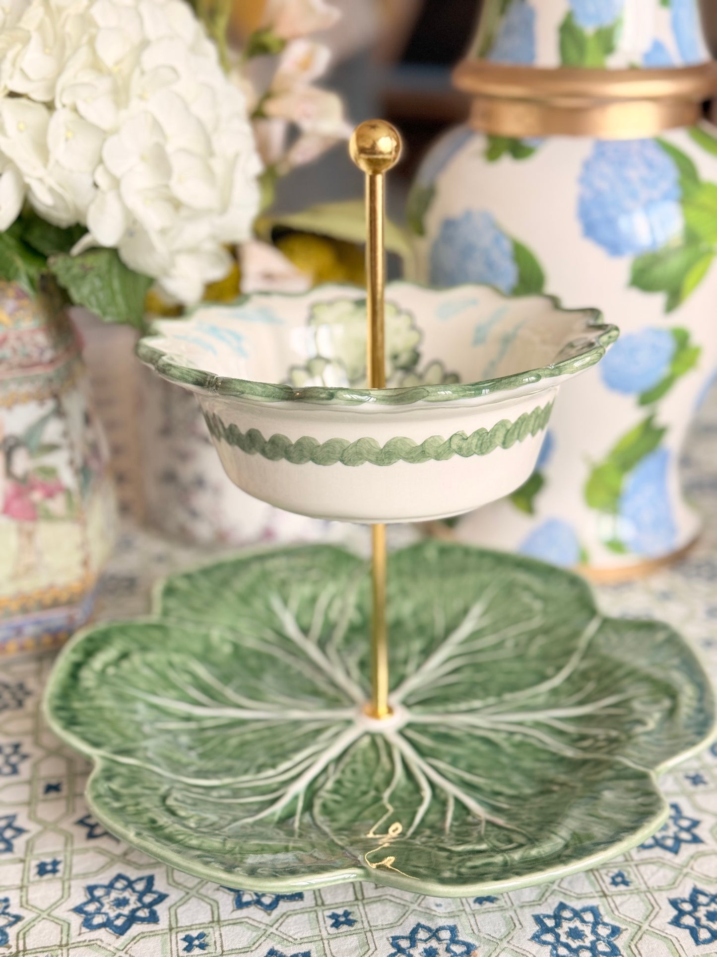 C.E. Corey Perfect Day Bowl & Bordallo Cabbage Tiered Stand | Green Equestrian Serving Stand