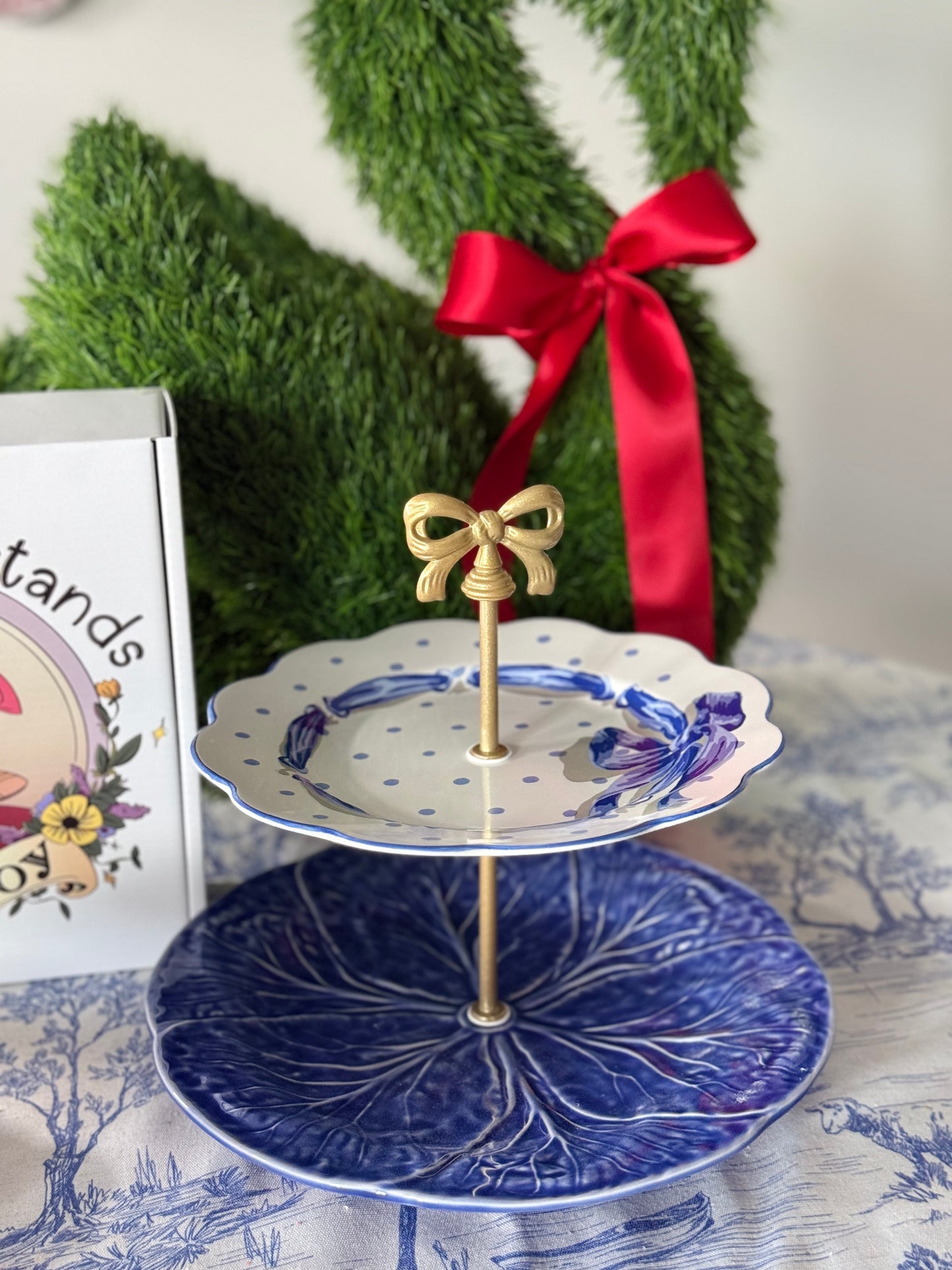 Blue Cabbage and Blue Bow Two Tiered Serving Stand