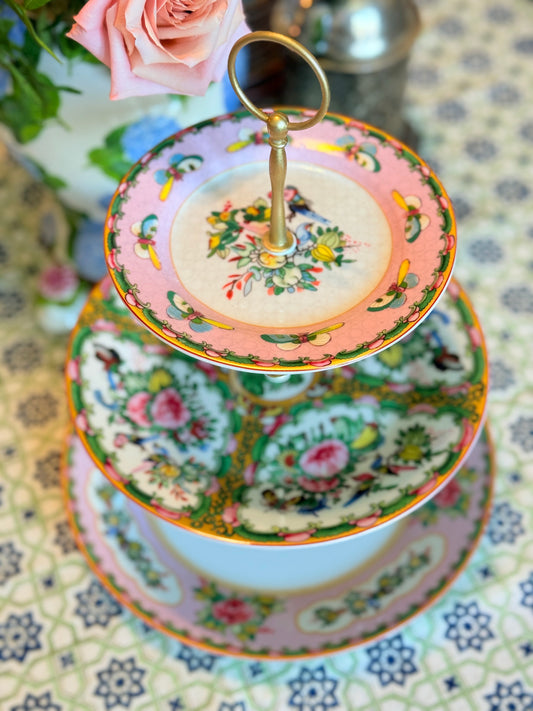 Famille Rose Pink and Rose Canton Three Tiered Stand