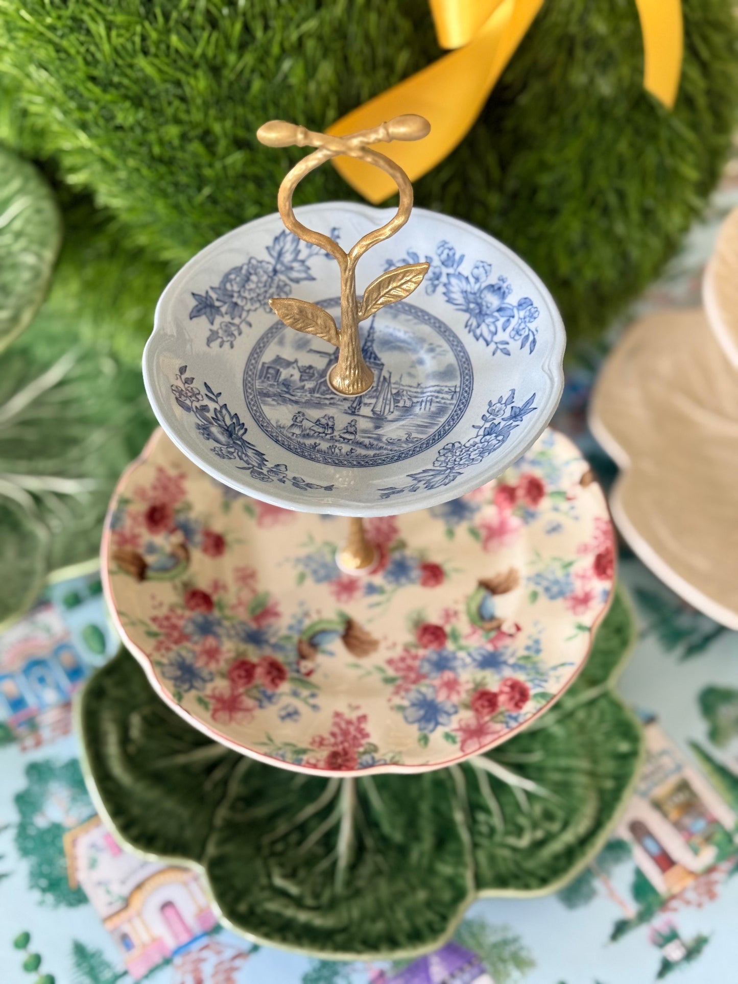 Vintage Johnson Brothers and Green Bordallo Cabbage Three Tiered Stand