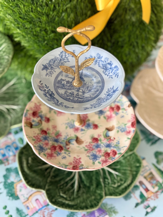 Vintage Johnson Brothers and Green Bordallo Cabbage Three Tiered Stand