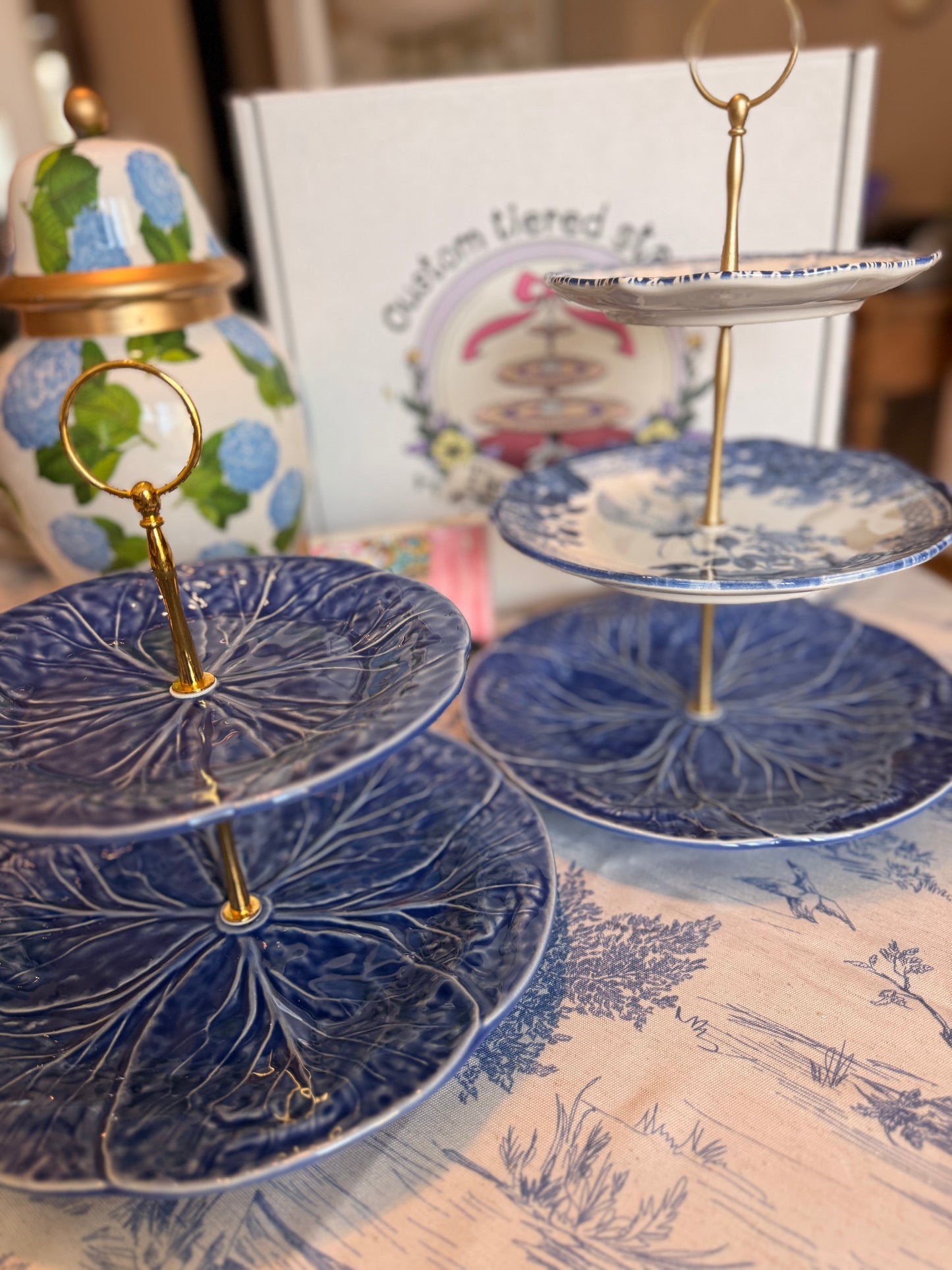 Blue Cabbageware Two Tiered Stand - Made in Portugal (10.5” base)