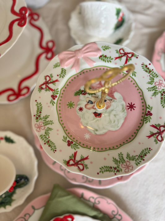 Sweet Christmas Pink Santa Two Tiered Stand