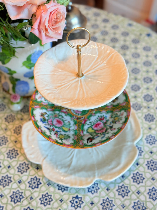 Beige Bordallo Cabbage and Famille Rose Three Tiered Stand (12” Base)