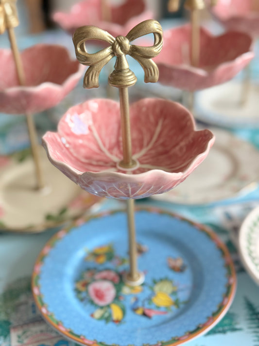 Blue Famille Rose and Pink Bordallo Cabbage Petite Tiered Stand