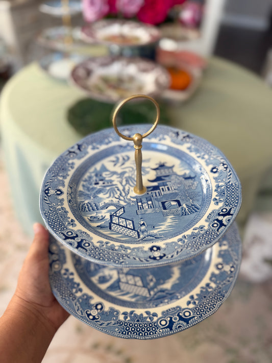 Burleigh Blue Willow Two-Tiered Stand – 10.5” Base, Handmade Vintage China Dessert Stand