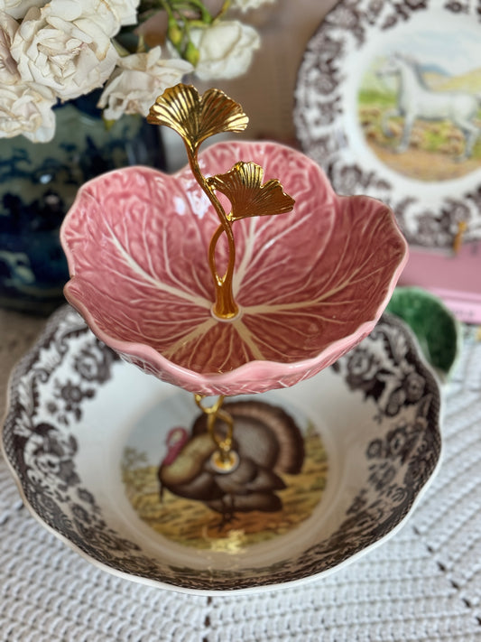 Spode Woodland Turkey Daisy Bowl with Bordallo Cabbage (Pink or Green)