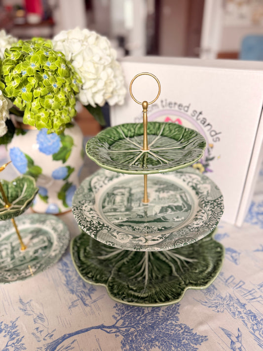 Spode Green Italian and Bordallo Cabbage Three Tiered Stand (12 inch base)