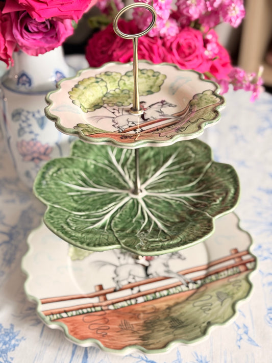 Oversized Equestrian Tiered Stand- CE Corey Perfect Day and Bordallo Cabbage (13.5” Statement Serving Stand)