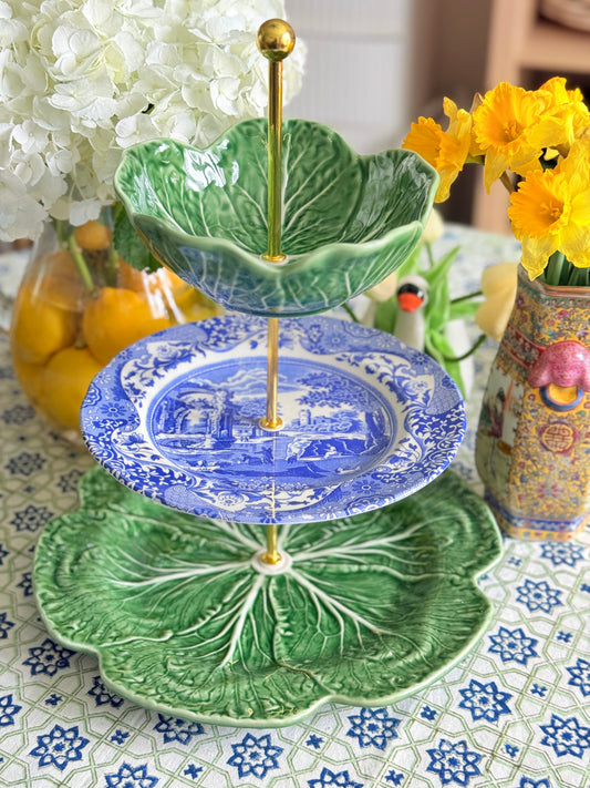 Spode Blue Italian and Bordallo Cabbage Three Tiered Stand