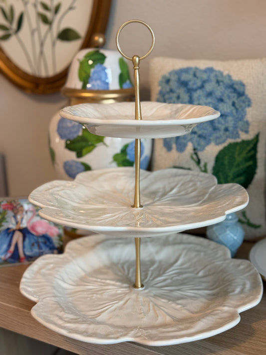 Bordallo Beige Cabbage Three Tiered Stand with Charger Base | Authorized Bordallo Retailer