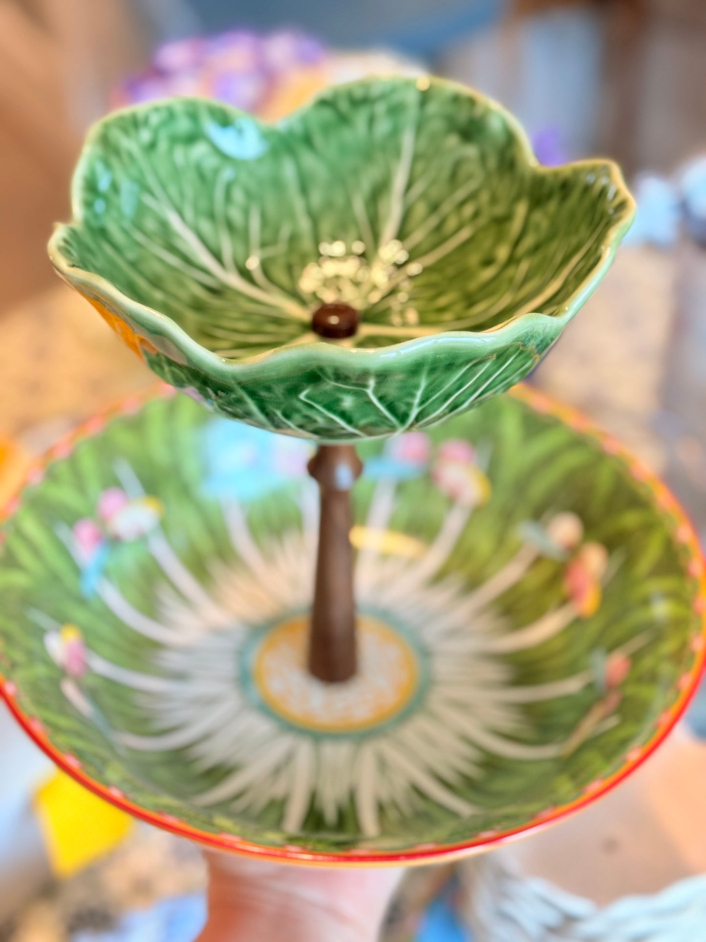 Green Bok Choy & Bordallo Cabbage Tiered Stand with Handcrafted Wooden Hardware