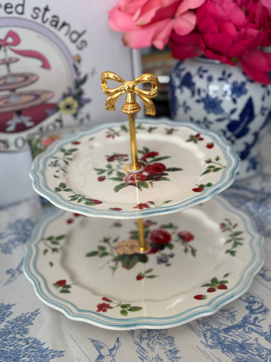 Anthropologie Camille Stoneware Two Tiered Stand – Handcrafted Floral Serving Stand (10.5” base)