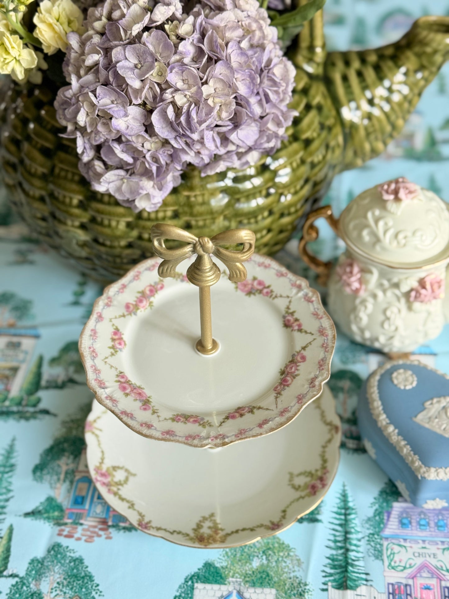 Vintage French Limoges Petite Tiered Stand - Rose Garland