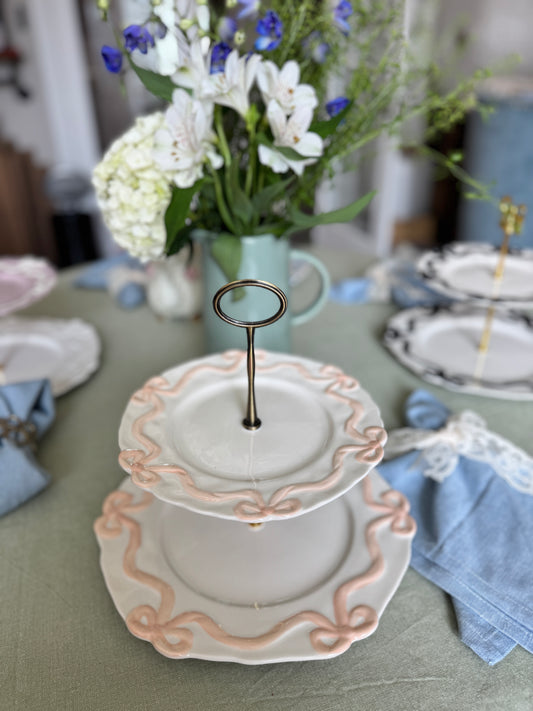 Anthropologie Benedita Bow Two-Tier Stand with Gold Bow Handle – White & Blush Pink