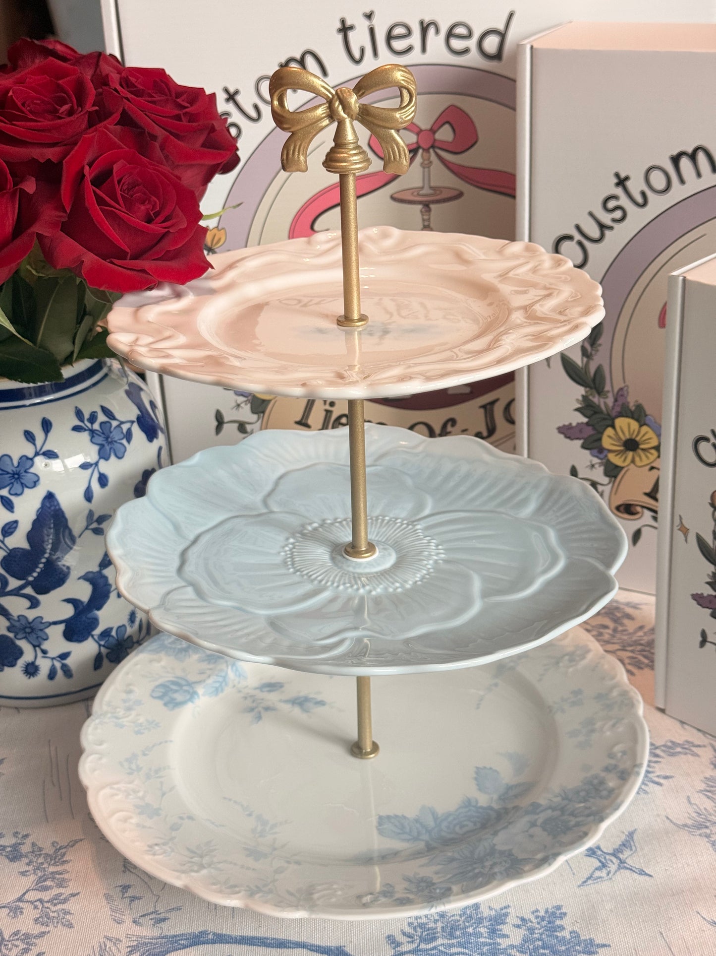 Soft Blues Three-Tiered Stand- LoveShackFancy, Lenox and Anthropologie Bows