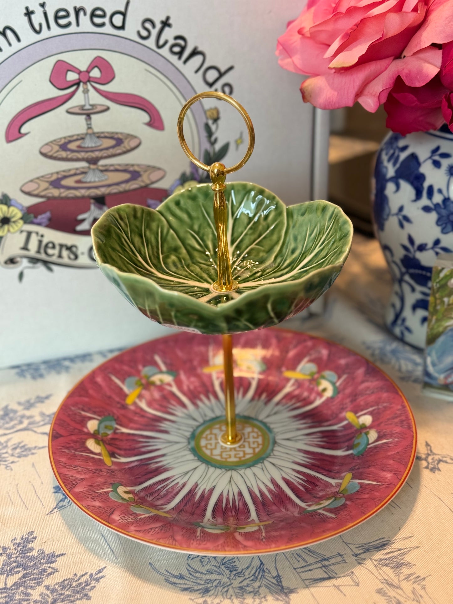 Bordallo Pinheiro Green Cabbage and Pink Bok Choy Two Tiered Stand