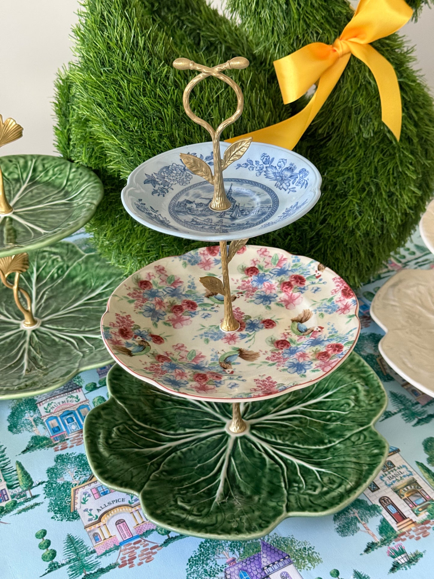 Vintage Johnson Brothers and Green Bordallo Cabbage Three Tiered Stand