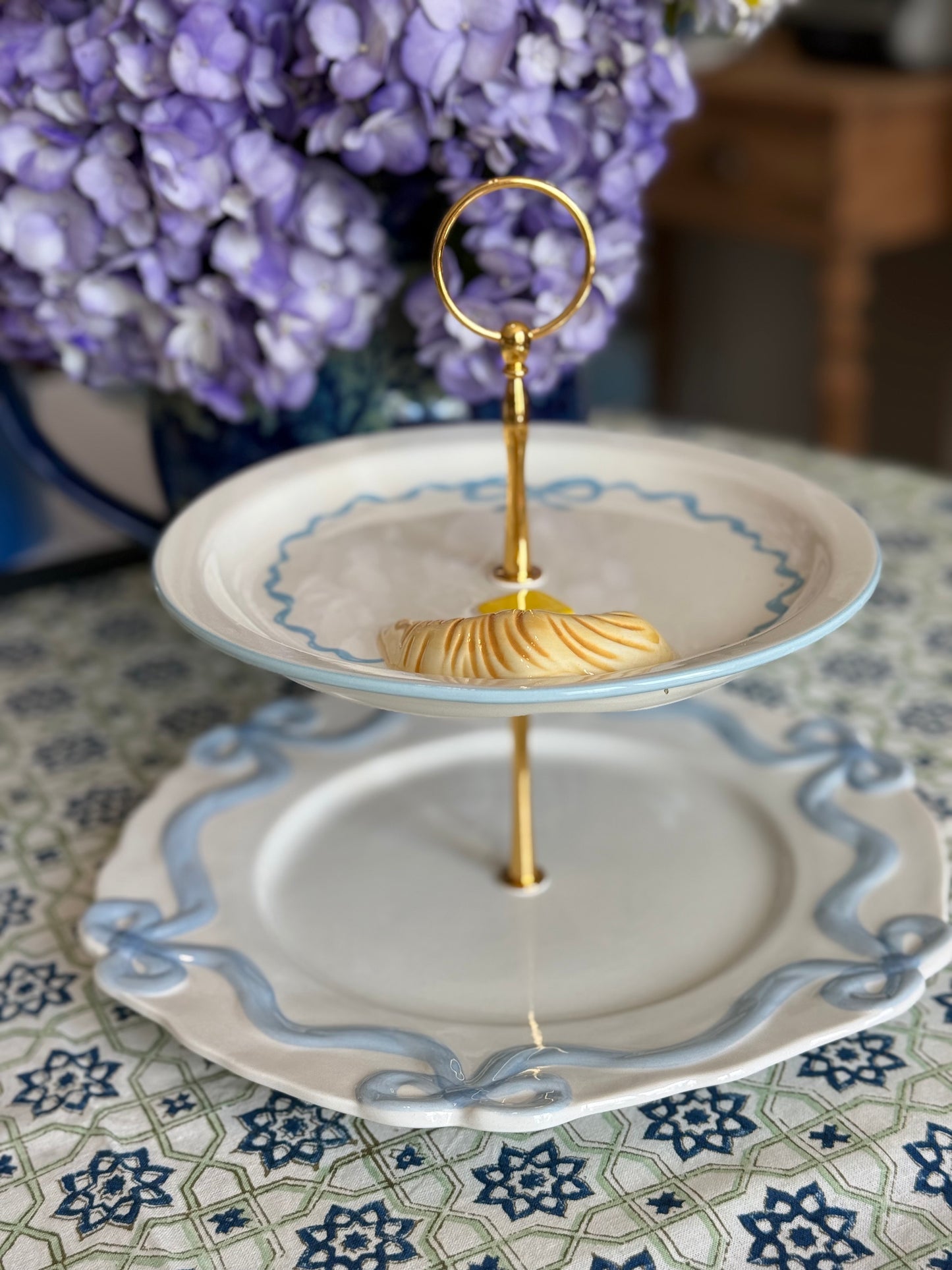 Anthropologie Blue Benedita Bows Two-Tier Tiered Stand with Croissant Plate | French-Inspired Dessert Stand