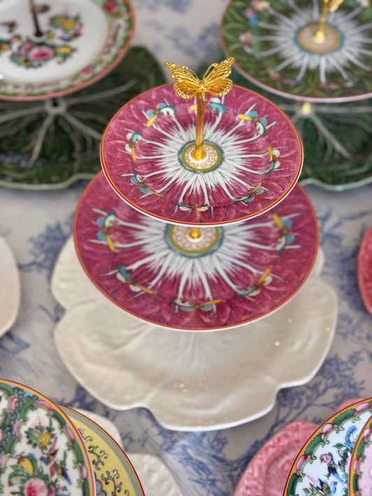 Famille Rose (Pink Bok Choy) and Bordallo Beige Cabbage Three Tiered Stand