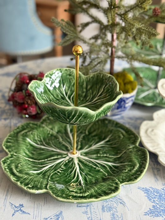 Bordallo Pinheiro Cabbageware Tiered Stand – 12” Charger Base with Matching Bowl Top | Handcrafted Serving Stand and Countertop organizer