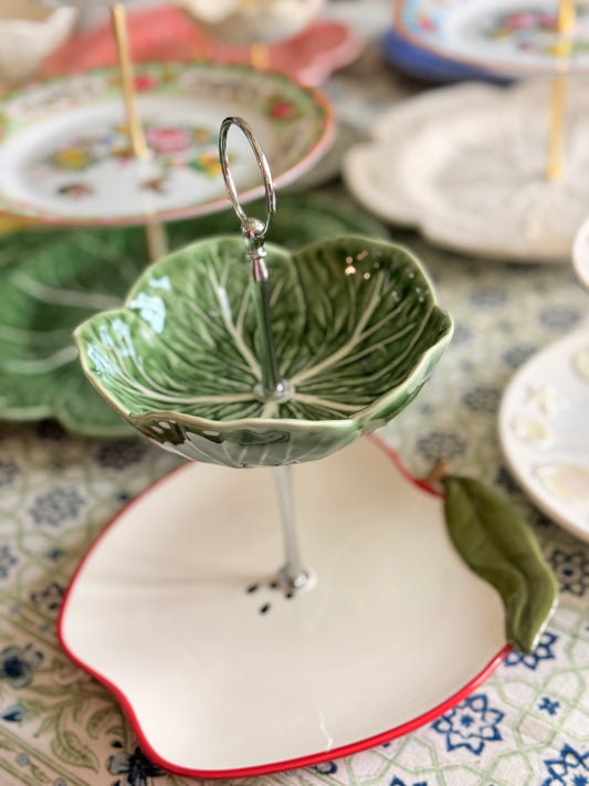 Bordallo Pinheiro Green Cabbage & West Elm Apple Dish Two-Tier Stand
