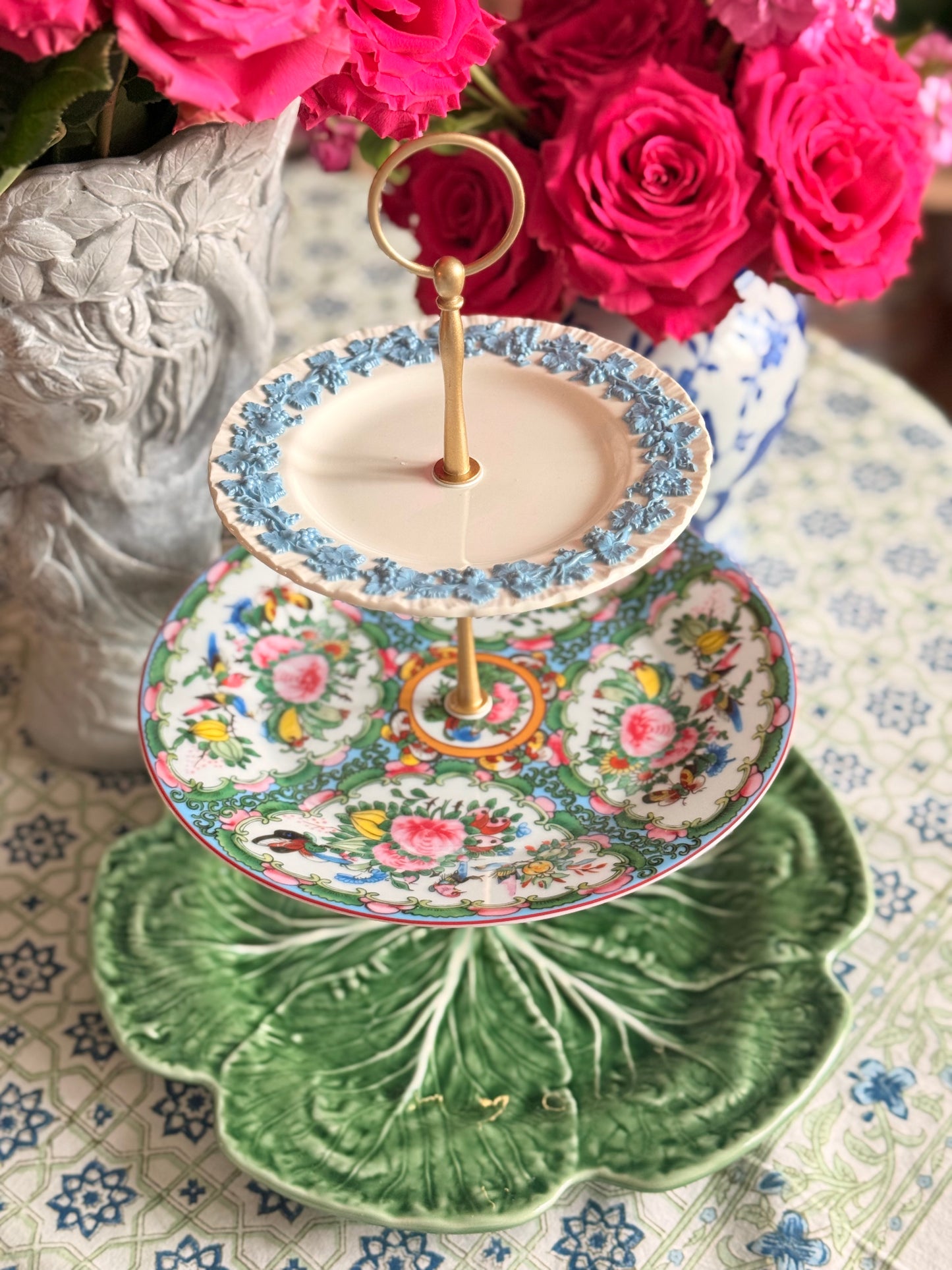 Wedgwood Queensware, Famille Rose & Bordallo Cabbage Tiered Stand – 12” Base Serving Stand, Blue White Floral Vintage Inspired Dessert Stand