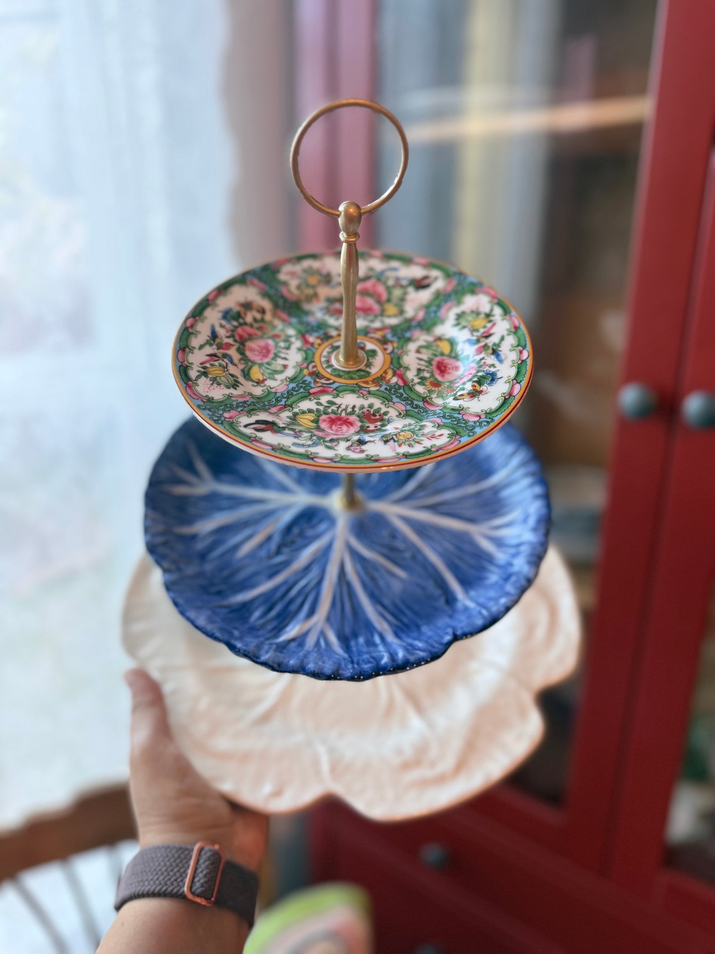 Famille Rose & Blue Cabbage Tiered Stand with Bordallo Charger