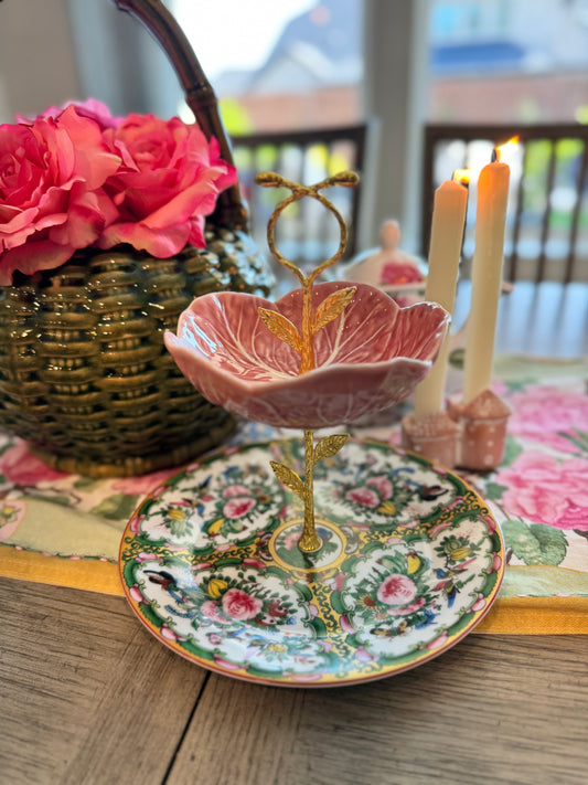 Two-Tier Stand with Rare Bordallo Pink Leaf Bowl & Famille Rose Plate – Floral Dessert Stand