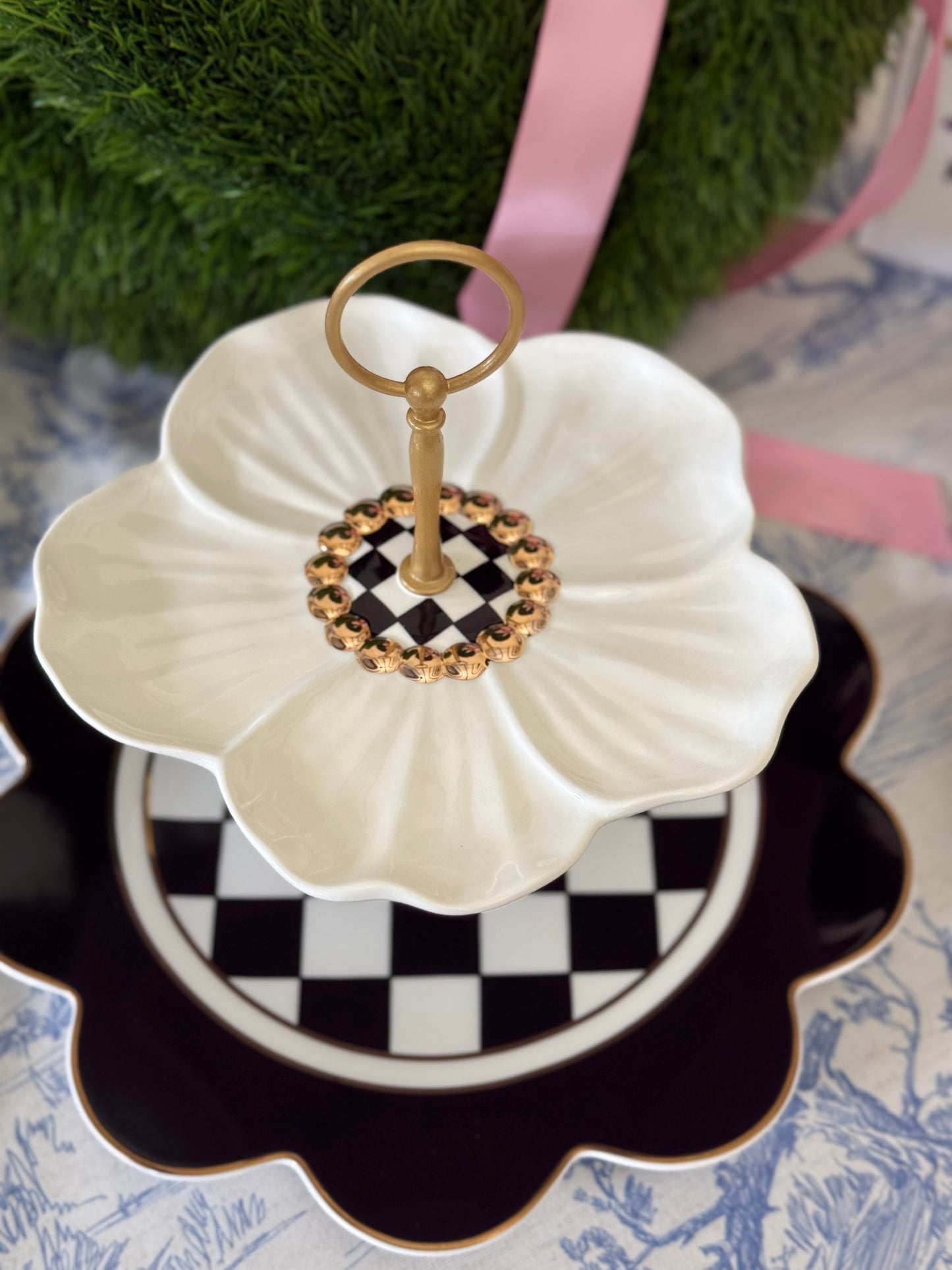 Mackenzie Childs Black and White Flower Two Tiered Serving Tray