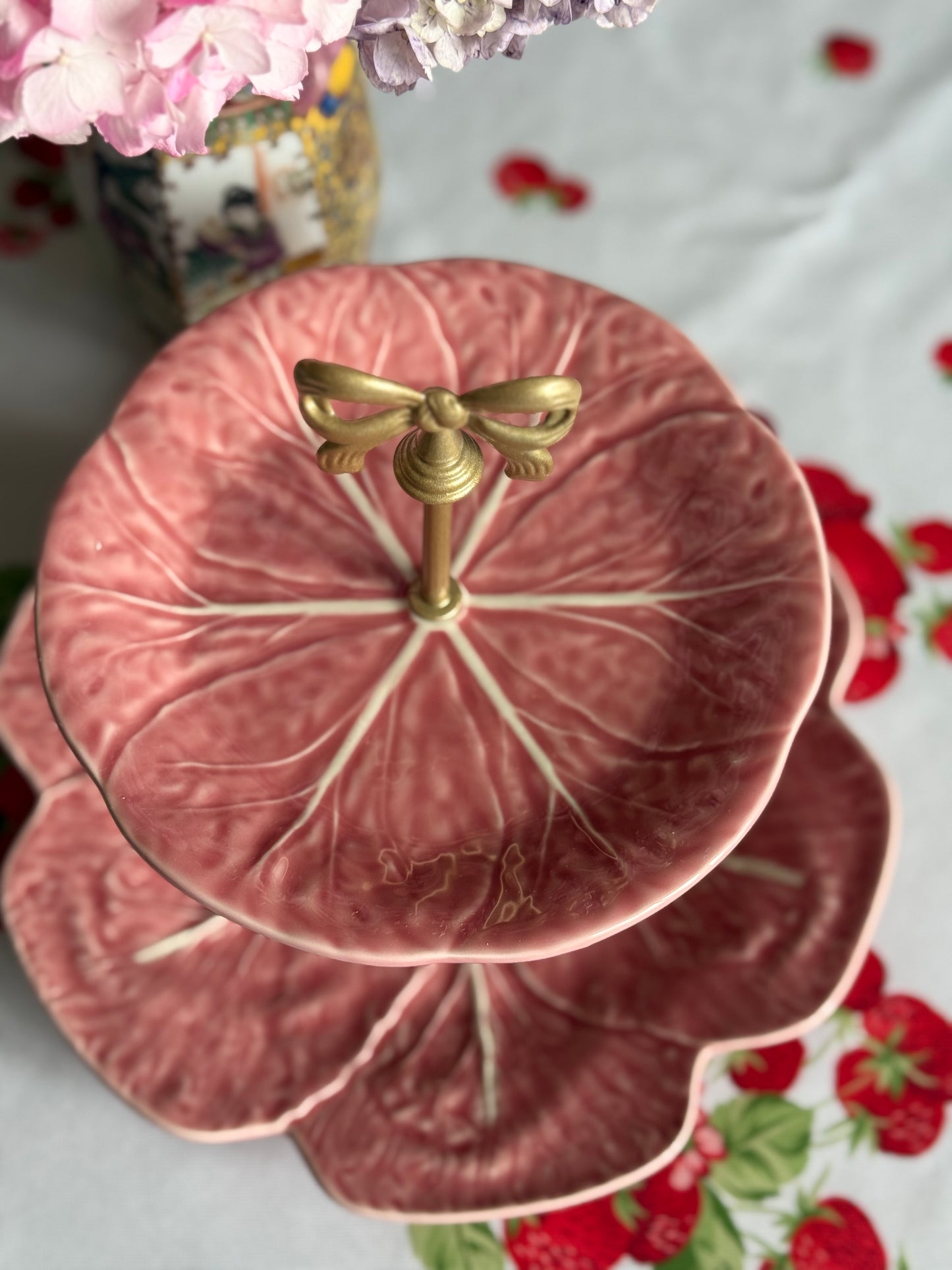 Pink Bordallo Pinheiro Cabbage Tiered Stand with Bow Hardware | Handcrafted Serving Stand | 10.5 Inch Base Plate