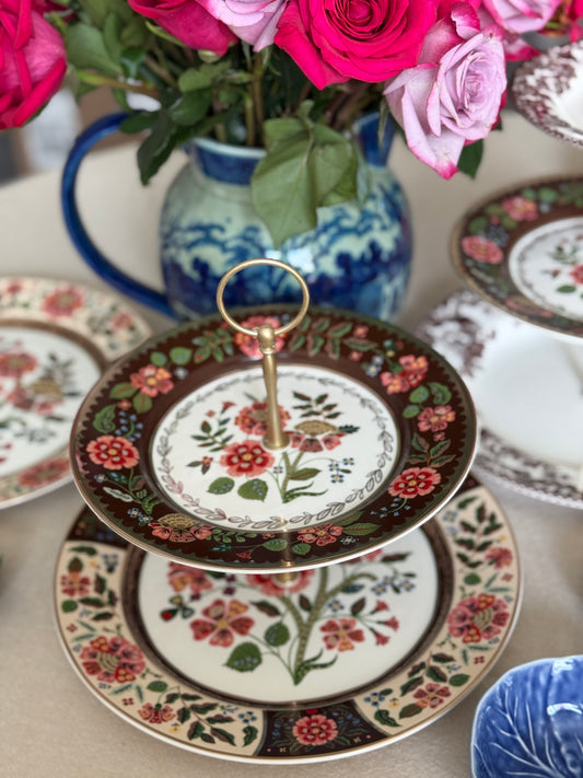 Rifle Paper Co. Gracie Mocha Brown Two-Tiered Stand – Elegant Floral Dessert and Tea Stand