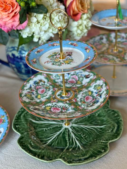 Williams Sonoma Famille Rose and Bordallo Green Cabbage Three Tiered Stand (12” base plate)