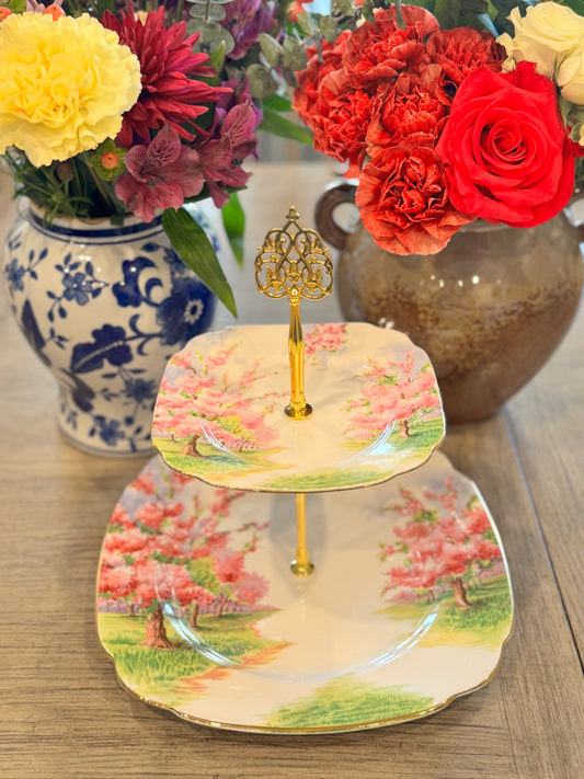 Vintage Royal Albert Blossom Time Tiered Stand – 2 Tier Pink Cherry Blossom Dessert Tray