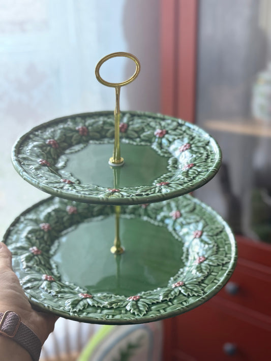 Bordallo Pinheiro Holly Tiered Stand – 2 Tier Green Christmas Serving Stand (11” & 9”) Handmade in Portugal