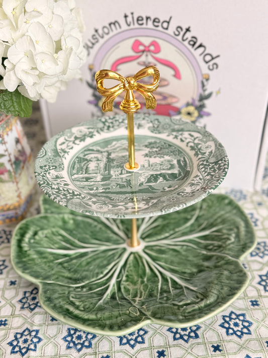 Bordallo Cabbage and Spode Green Italian Two Tiered Stand