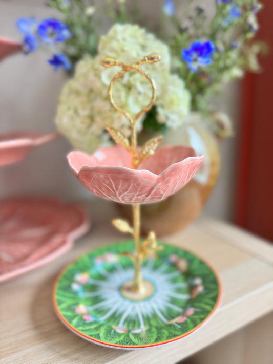 Pink Bordallo Petite Tiered Jewelry Stand with Williams Sonoma Famille Rose Plate