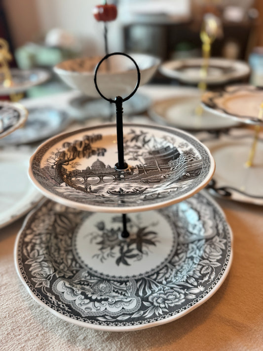 Spode Heritage Rome Two Tiered Stand – Black and White Transferware