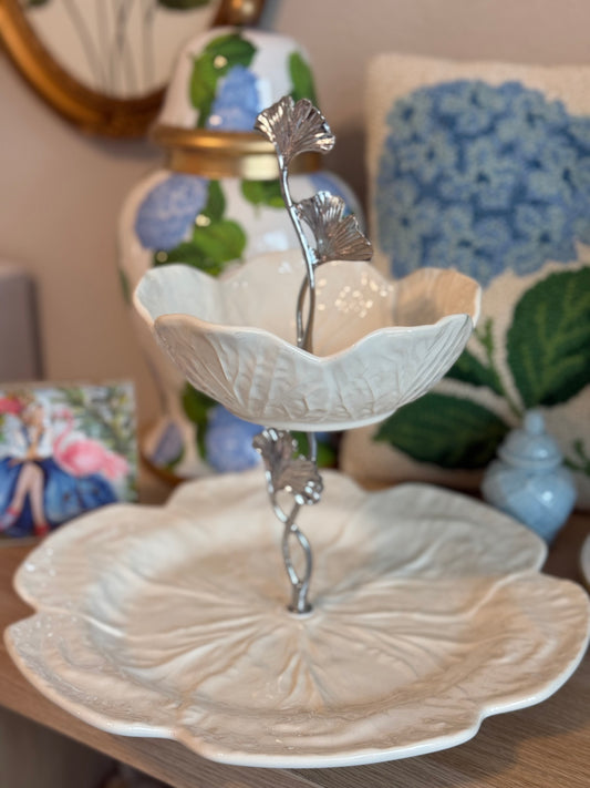 Bordallo Pinheiro Beige Tiered Stand – Neutral Ceramic Serving Stand for Entertaining & Countertop Decor (12” Charger Base)