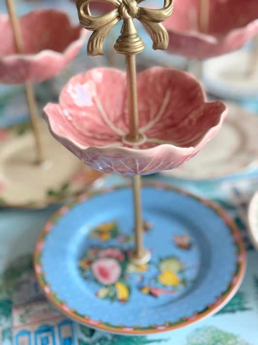 Blue Famille Rose and Pink Bordallo Cabbage Petite Tiered Stand