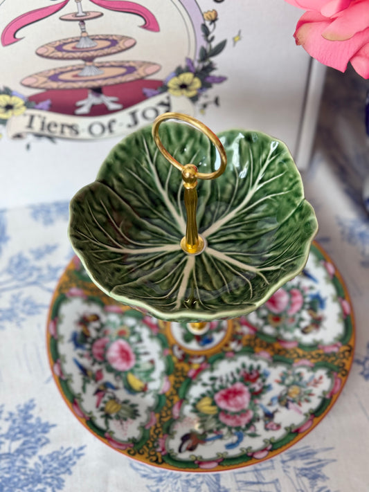 Bordallo Pinheiro Cabbage Bowl and Famille Rose Two Tiered Serving Stand